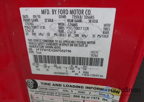 2010 Ford F-150 Fx4/Harley-Davidson/King Ranch/Lariat/Platinum/Xl/Xlt from USA, damaged, VIN 1FTFW1EV2AFD52756